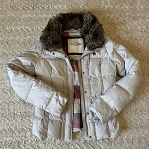 Vintage Abercrombie & Fitch light grey puffer jacket with fur hood